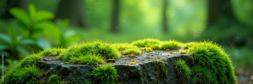 Lush green moss covering rough textured stone surface in forest, nature, greenery, lush Lush green moss covering rough textured stone surface in forest, nature, greenery, lush