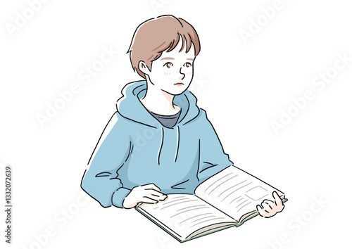 Boy Reading a Textbook – Educational Illustration of a Studying Child