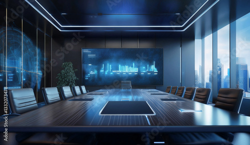 A high-tech, futuristic corporate boardroom with a large digital screen displaying data analytics and futuristic city visuals. The sleek, modern conference room features ambient blue lighting, a long 