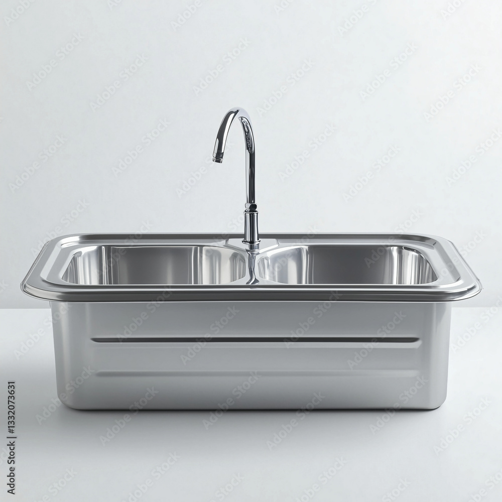 Stainless steel double sink with a sleek chrome faucet, perfect for a modern kitchen or workspace. Stainless steel double sink with a sleek chrome faucet, perfect for a modern kitchen or workspace.