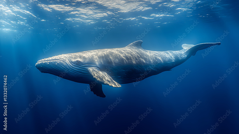Fototapeta premium Underwater Majesty: A colossal whale elegantly glides through the deep blue ocean, a breathtaking image that showcases the beauty and grace of marine life.