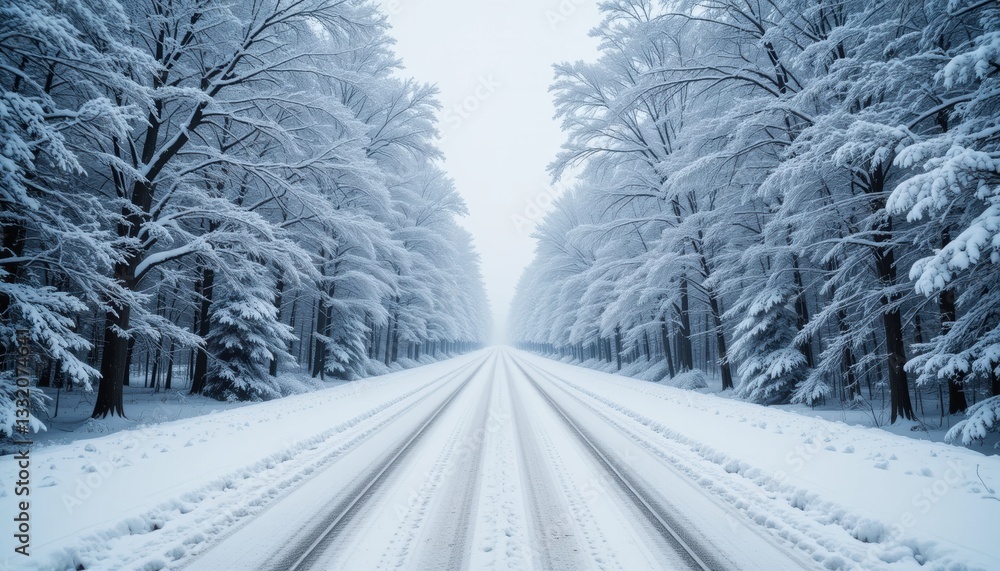 Obraz premium Serene Winter Landscape with Snow-Covered Trees and Empty Road in Chill Atmosphere