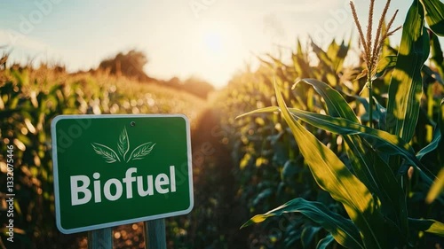 Sunlight glimmers over a cornfield with a sign promoting biofuel amidst lush green plants in the late afternoon