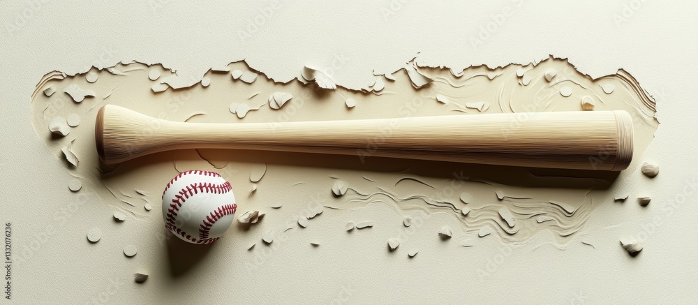 Fototapeta premium Wooden Baseball Bat and Ball on White Background with Shavings