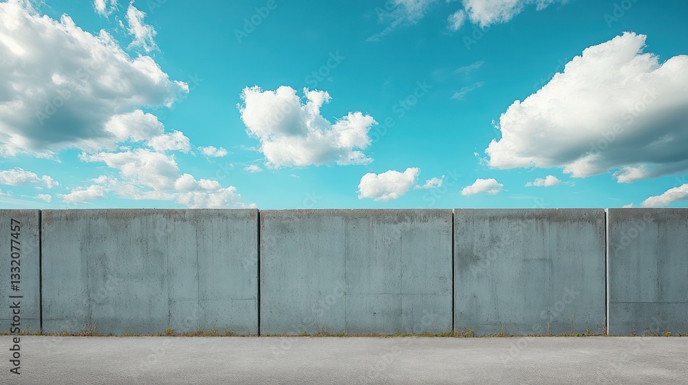 Concrete wall under a bright blue sky with fluffy clouds. Concrete wall under a bright blue sky with fluffy clouds.