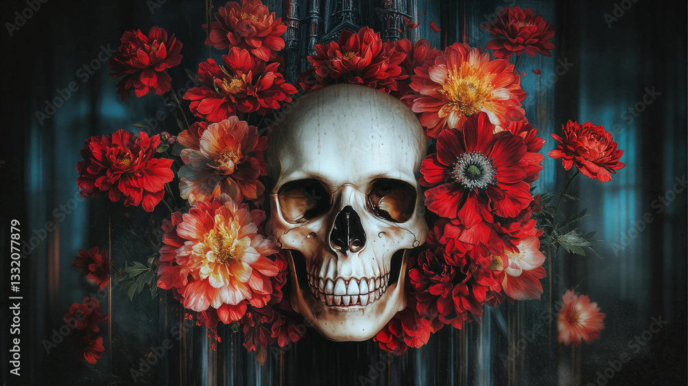 A skull, adorned with vibrant red and orange flowers, creates a striking visual contrast.