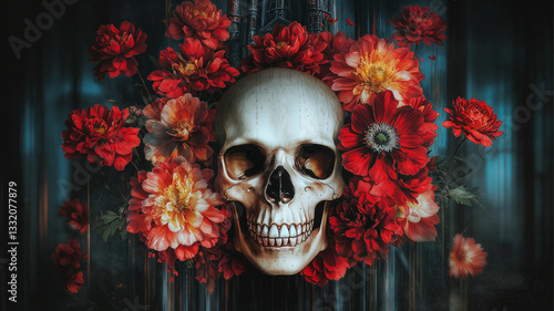 Obraz na płótnie A skull, adorned with vibrant red and orange flowers, creates a striking visual contrast. w salonie