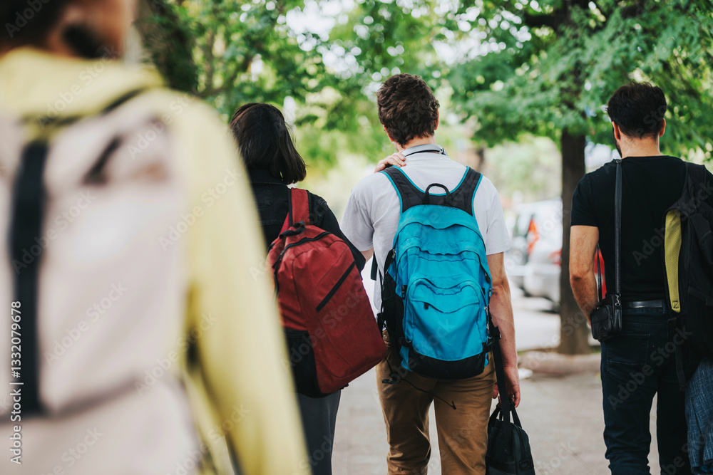 Fototapeta premium A group of friends wearing backpacks walk together on a tree-lined sidewalk, enjoying a sunny day outdoors. Captures a sense of camaraderie and adventure.