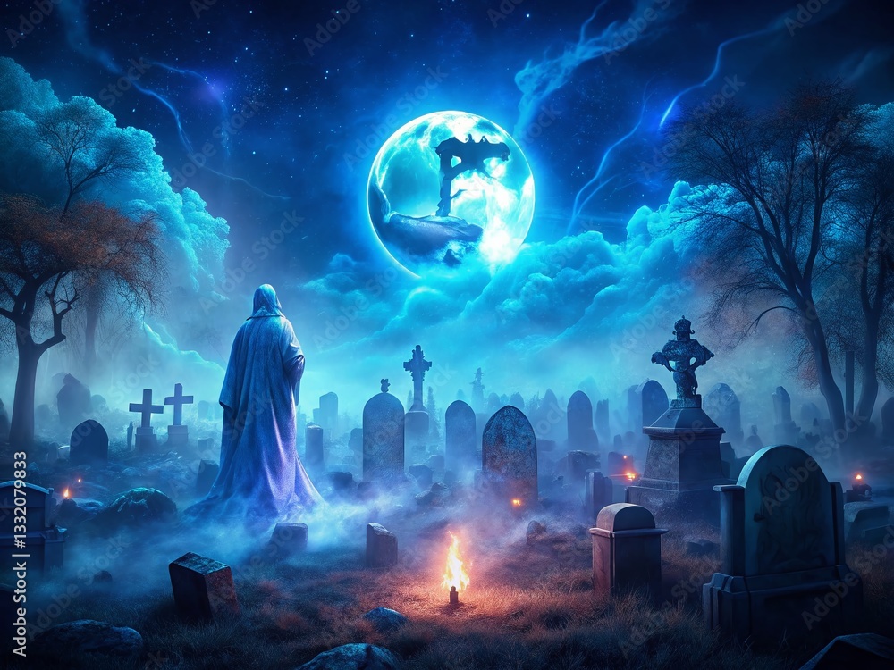 Obraz premium Spooky Graveyard Blue Moon Long Exposure - Haunted Cemetery Stock Photo