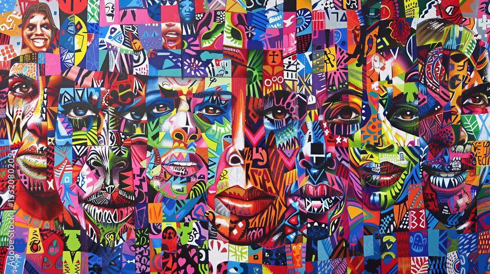 Fototapeta premium collage of diverse faces, each with a unique hairstyle and expression, set against a backdrop of geometric patterns in various colors