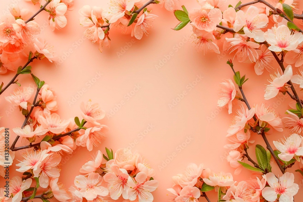 Elegant mockup featuring blooming sakura branches with delicate pink flowers on a soft pastel background. Elegant mockup featuring blooming sakura branches with delicate pink flowers on a soft pastel background.