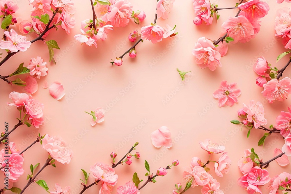Fototapeta premium Elegant mockup featuring blooming sakura branches with delicate pink flowers on a soft pastel background. 