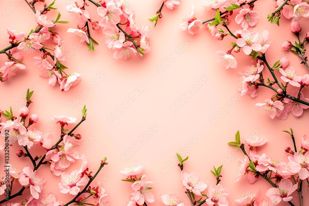 Fototapeta premium Elegant mockup featuring blooming sakura branches with delicate pink flowers on a soft pastel background. 