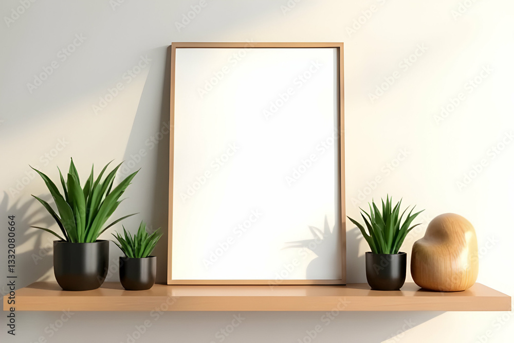 Minimalist Wooden Shelf Display with Blank Frame and Potted Green Plants in Modern Aesthetic Interior Design Minimalist Wooden Shelf Display with Blank Frame and Potted Green Plants in Modern Aesthetic Interior Design