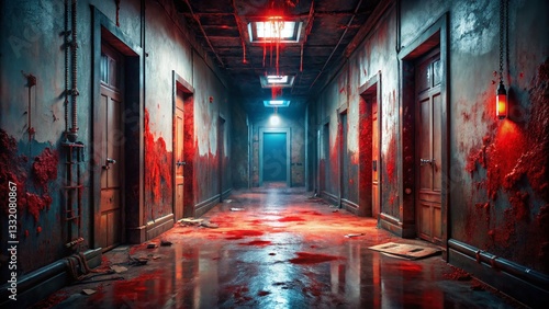 Spooky Halloween Corridor: Abandoned Building, Blood Stains, 3D Render