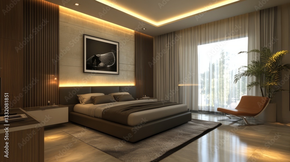 Fototapeta premium A modern bedroom design with a painting hanging on the wall behind.
