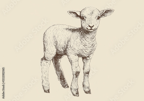Sheep, lamb. Vintage retro print, black white sheep lamb sketch ink pencil style drawing, engrave old school. Sketch artwork silhouette farm sheep lamb. Side view profile. Illustration
