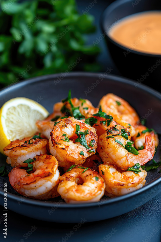 Delicious roasted prawns with lemon and herbs in a bowl Delicious roasted prawns with lemon and herbs in a bowl