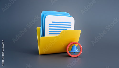3D Rendered Yellow Folder Icon with Documents and Blue Notification Bell Alert Symbol Isolated on Gray Background - Concept for Digital Notifications, Updates, Reminders, and Important Files