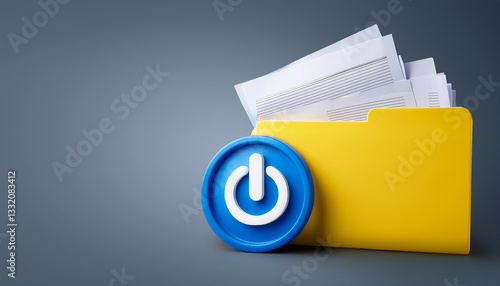 3D System Files Concept: Yellow Folder Icon with Documents and Blue Power Button Symbol Badge - Modern Illustration for System Management, Startup, Access, and Technology UI Design