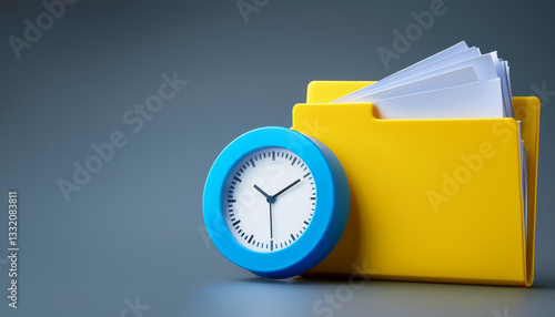 Time Management and Deadline Concept: Blue Analog Clock Leaning Against Yellow File Folder Filled with Documents on a Gray Background - Representing Office Productivity, Scheduling, and Business Organ