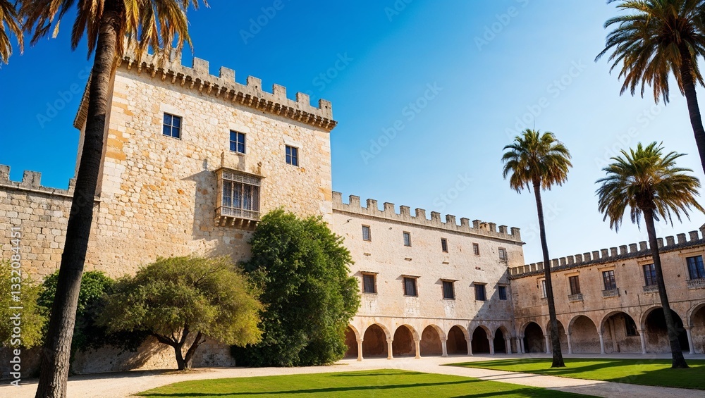 Fototapeta premium A beautiful stone castle surrounded by lush palm trees.