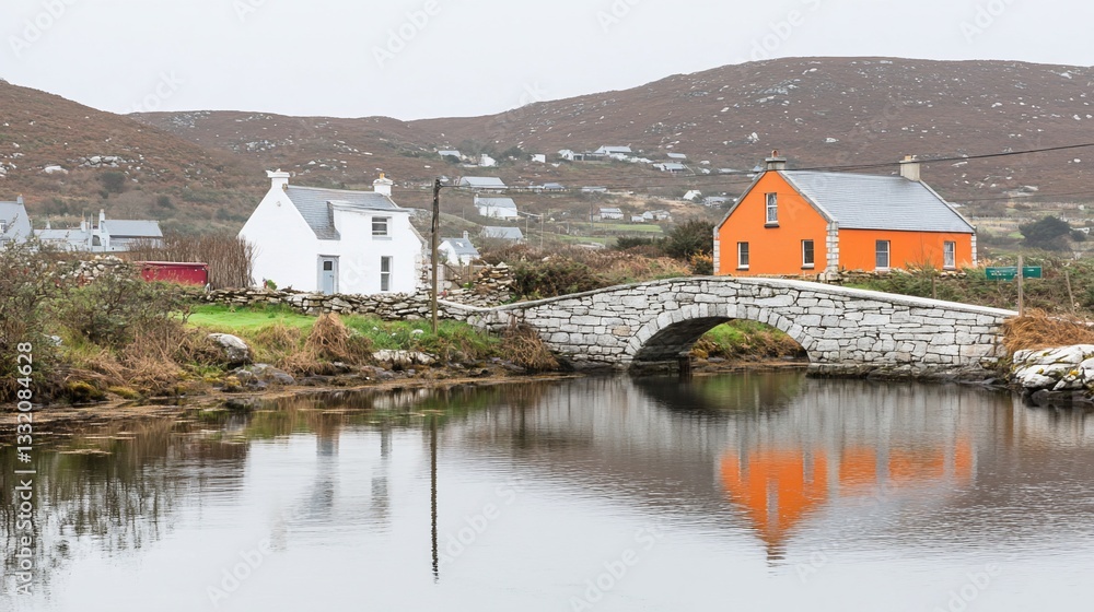Obraz premium Irish Countryside Houses Reflecting on Calm Water