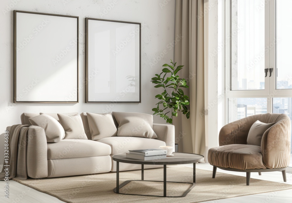 Fototapeta premium Modern living room interior with a beige sofa. armchair. coffee table. and two blank frames