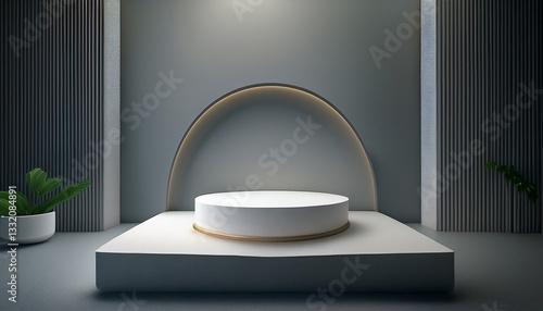 Minimalist Modern Interior with Podium and Acoustic Wood Slat Wall Panels - Product Display Background