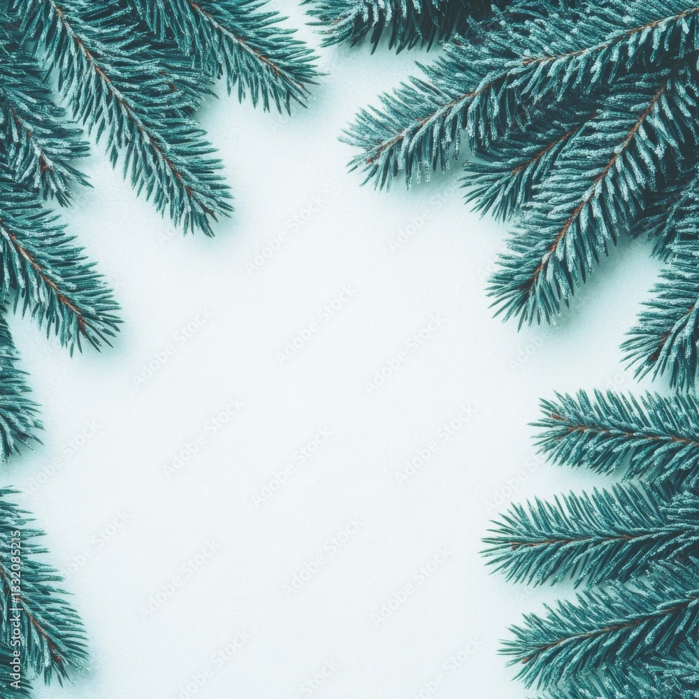 Frosted Pine Branches Corner Frame on Light Pale Background Frosted Pine Branches Corner Frame on Light Pale Background