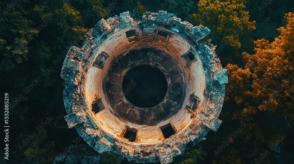 Overhead view captures circular tower structure surrounded by trees Overhead view captures circular tower structure surrounded by trees