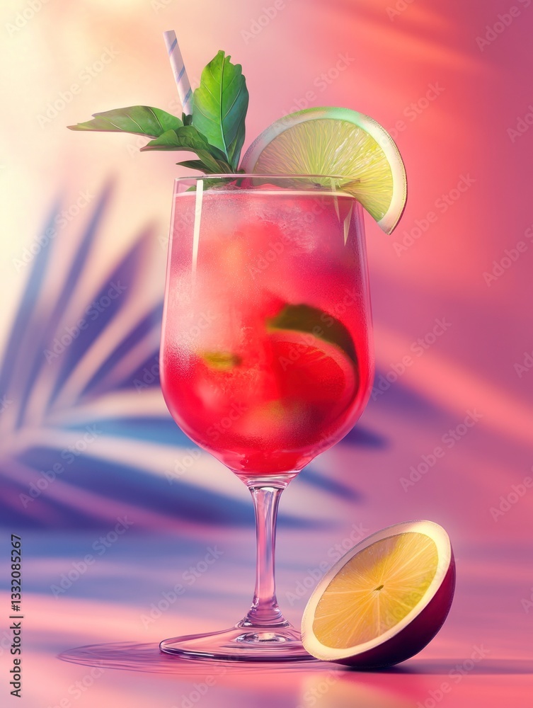 Refreshing Red Cocktail Drink with Lime and Mint Leaf Garnish Refreshing Red Cocktail Drink with Lime and Mint Leaf Garnish