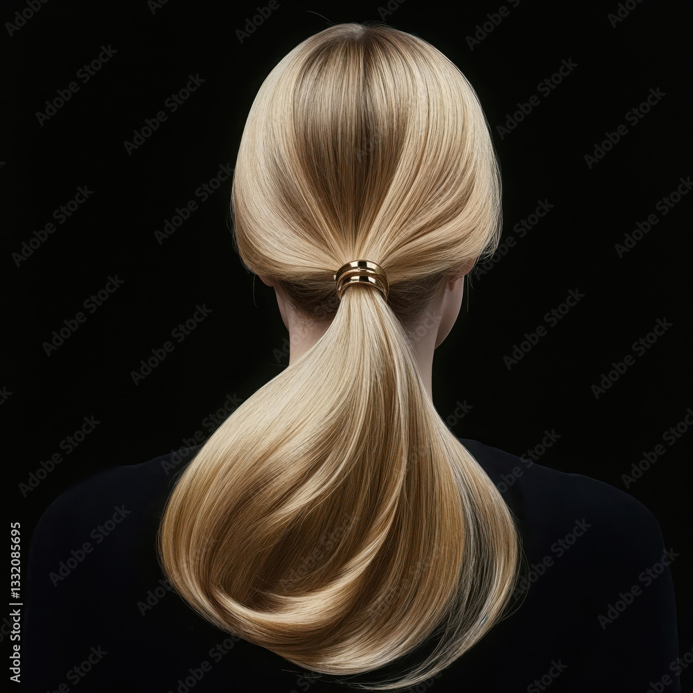 Naklejka premium Blond woman with long straight hair in ponytail showing golden hair tie