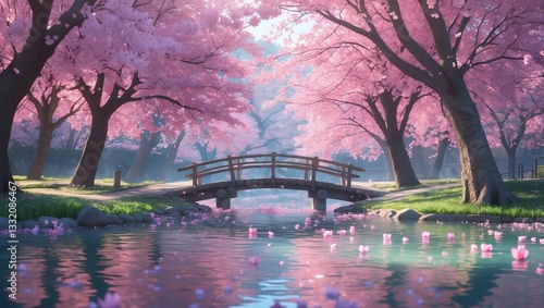 Peaceful Anime Background of Pink Cherry Blossoms and Water