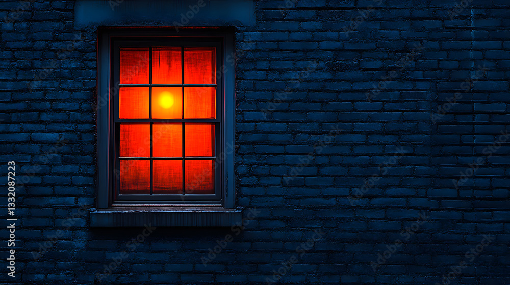 Fototapeta premium Window of Mystery: A solitary window glows with a warm, inviting light against a dark brick wall, hinting at a hidden story or the promise of shelter and warmth.
