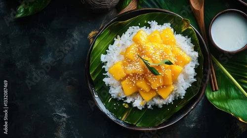 Panel kuchenny z motywem Delicious Mango Sticky Rice topped with fresh mango slices, coconut milk drizzle, and garnished with pandan leaves for a traditional Thai dessert.