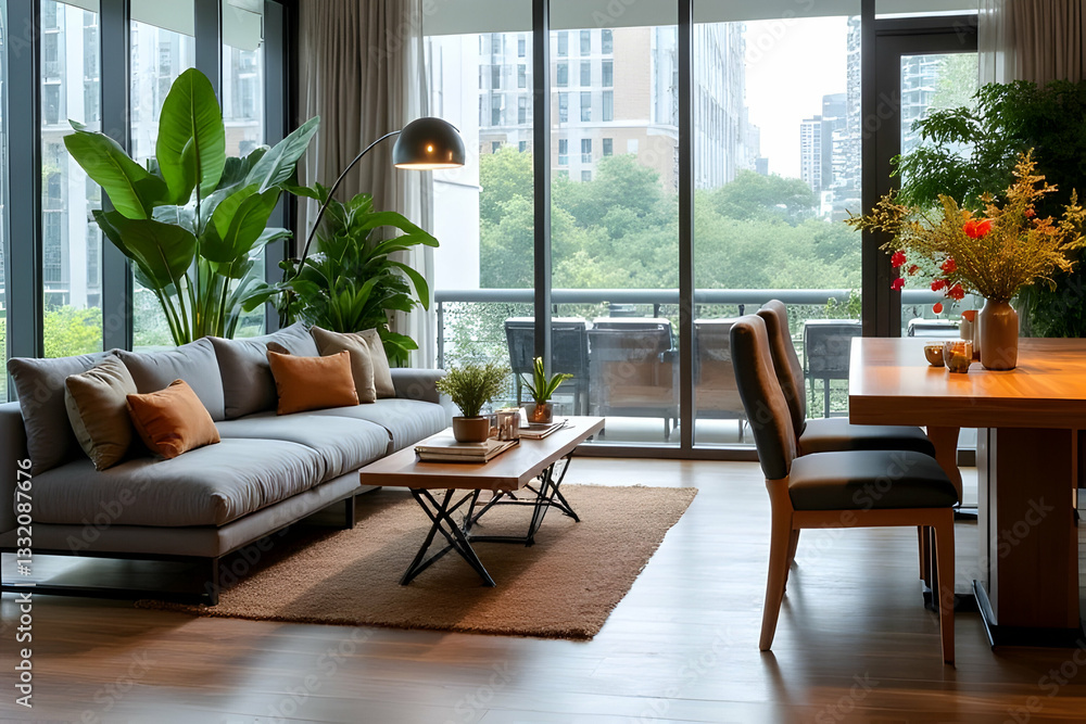 Fototapeta premium Modern Living Room with Natural Light and Green Plants Overlooking Urban Landscape Through Large Windows