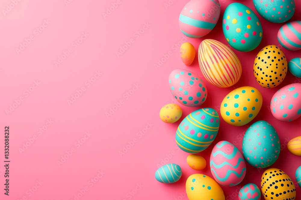 Fototapeta premium Colorful collection of decorative Easter eggs on a vibrant pink background for spring celebration