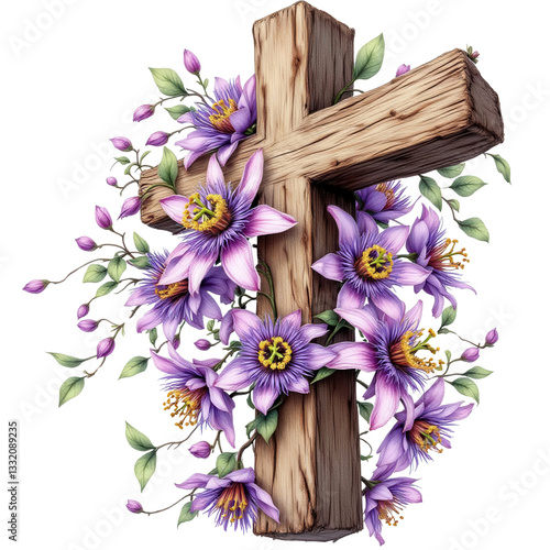 Elegant Religious Cross with flowers, Wooden & Golden Floral Cross PNG Graphics for Easter, Holy cross with flowers, Christian Cross