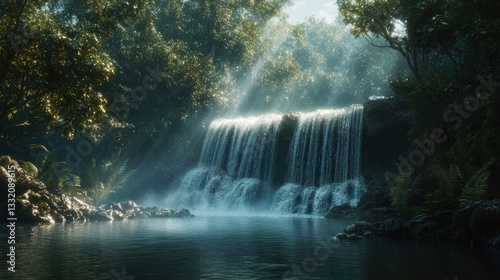 Serene Waterfall in Lush Green Forest Bathed in Sunlight Rays
