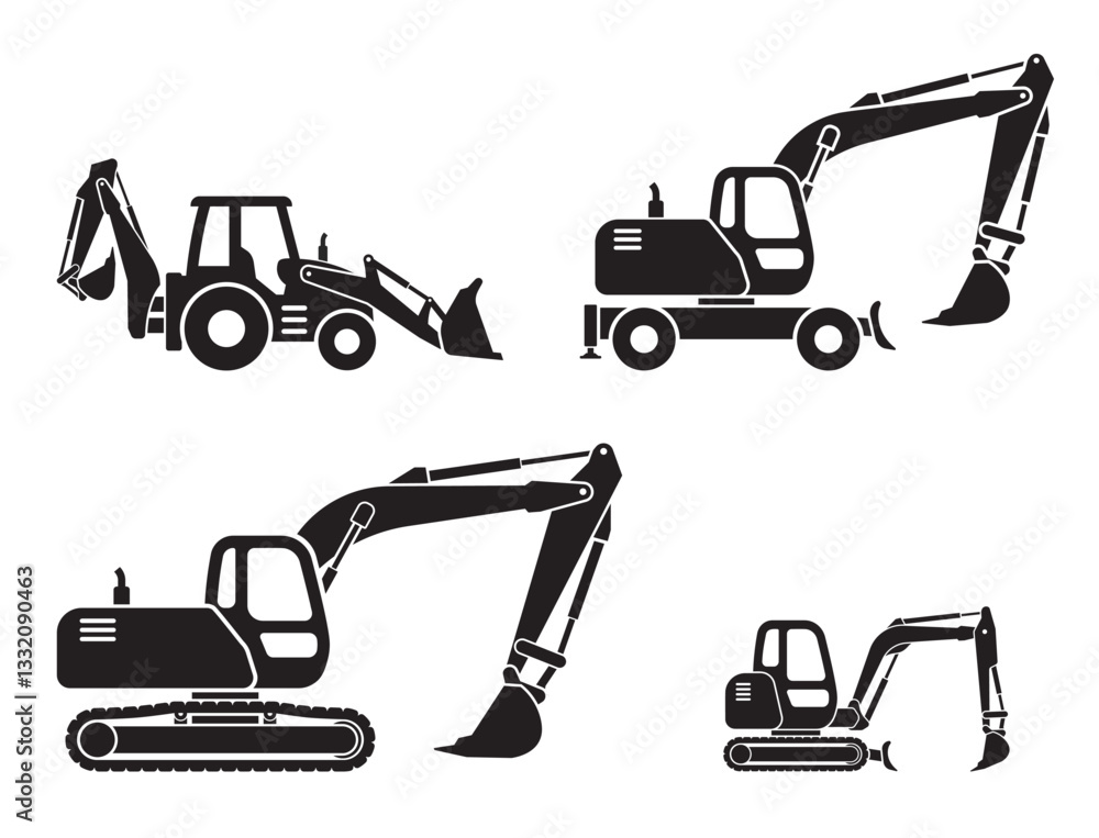 custom made wallpaper toronto digitalsimple excavator digger backhoe loader construction vehicle silhouette simplified side view vector set on transparent background