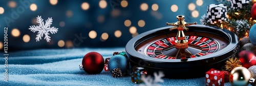 Festive Casino Holiday Cheer - Celebrate the holidays with vibrant Christmas decorations surrounding a roulette wheel, symbolizing luck, excitement, celebration, winter, and fortune