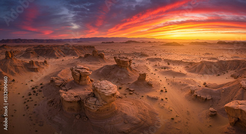 Fiery Sunset over Dramatic Desert Rock Formations in Saudi Arabia