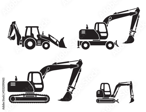 Wallpaper Mural simple excavator digger backhoe loader construction vehicle silhouette simplified side view vector set on transparent background Torontodigital.ca