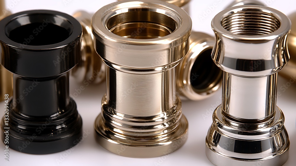 Several shiny metal fixtures arranged against a white background