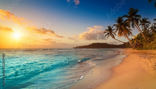 Pristine tropical beach with turquoise waters, swaying palm trees, and golden sunset. Serene, idyllic, exotic paradise, vacation vibes, soft sand, calm waves, warm light, relaxing coastal scenery.