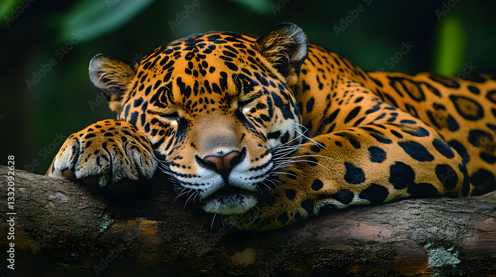 Obraz premium Majestic Rest: A majestic jaguar lies peacefully on a thick tree branch, its distinctive spotted coat and piercing eyes conveying a sense of untamed beauty and serenity. The lush.