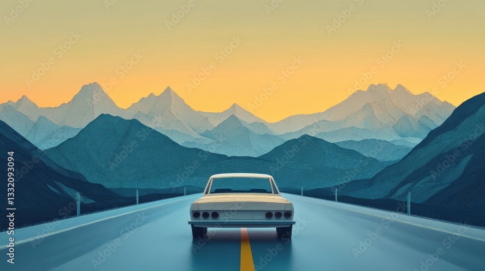 Naklejka premium Vintage Car on Open Road with Mountains Under Sunset Sky