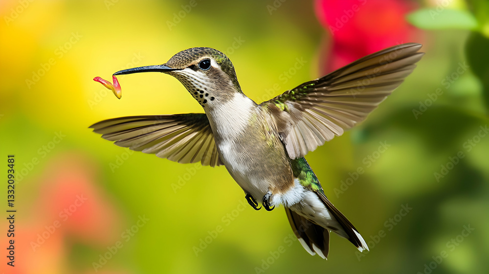 Fototapeta premium Hummingbird Flying with Flower Petal Close Up in a Garden Setting