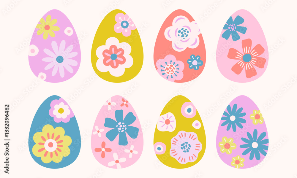 Simple minimalist flowers Easter eggs vector illustrations set. Cute colorful floral eggs Simple minimalist flowers Easter eggs vector illustrations set. Cute colorful floral eggs